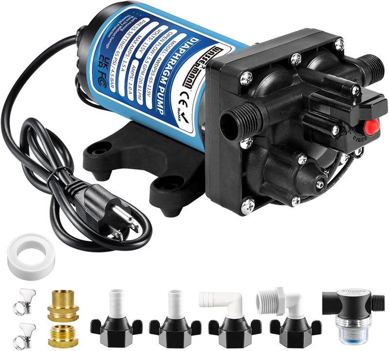 wassermann 115V AC Diaphragm Pump, 5.5 GPM 65 PSI 1/2" NPSM Connection, 4-Chamber Self-Priming Fresh Water Pressure Pump with Pressure Switch for Garden Kitchen Bathroom Marine Camper RV - Image 1